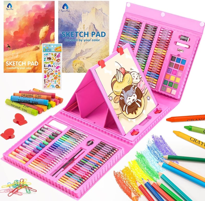 Vigorfun Art Supplies, 240-Piece Drawing Art Kit, Gifts for Kids Girls Boys Teens, Art Set Crafts Case with Double Sided Trifold Easel, Includes Sketch Pads, Crayons, Colored Pencils (Pink) - Image 1